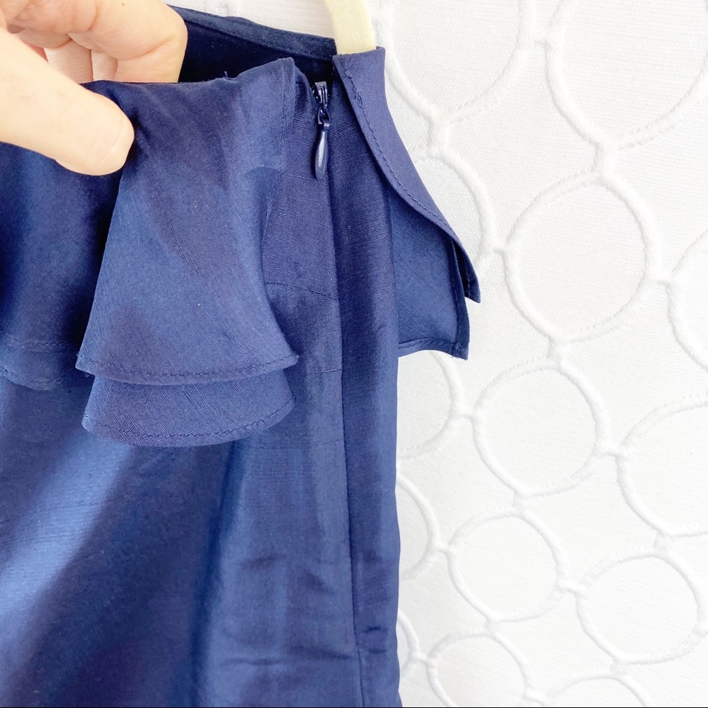 NWT JCrew Silk One Sleeve Navy Blue Ruffle Top 00 - Picture 10 of 11